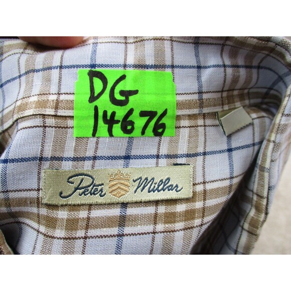 Peter Millar Shirt Adult Large Blue Brown Plaid Button Up Linen Cotton Mens - Picture 12 of 13